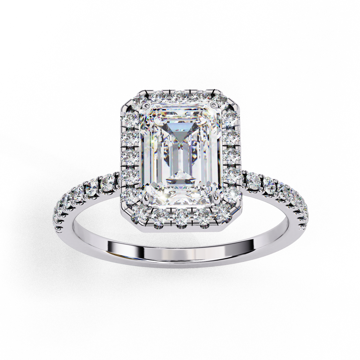 White Gold Emerald-Cut Diamond Halo Pavé Engagement Ring
