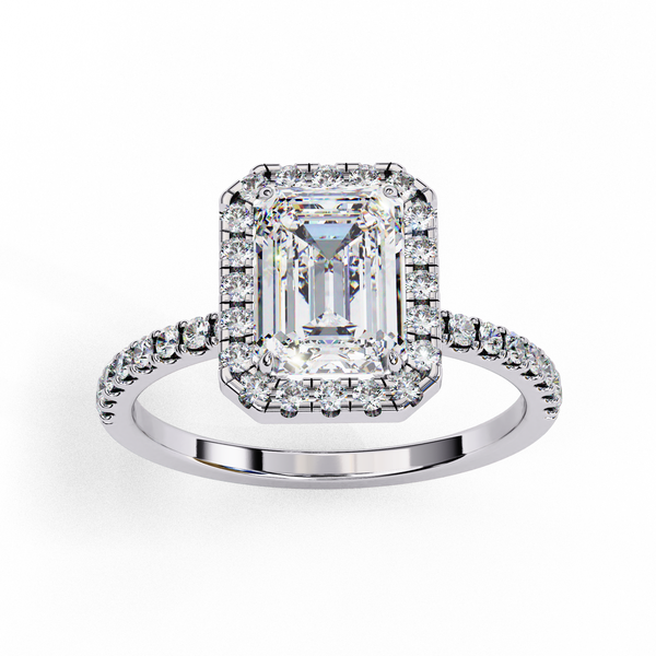White Gold Emerald-Cut Diamond Halo Pavé Engagement Ring