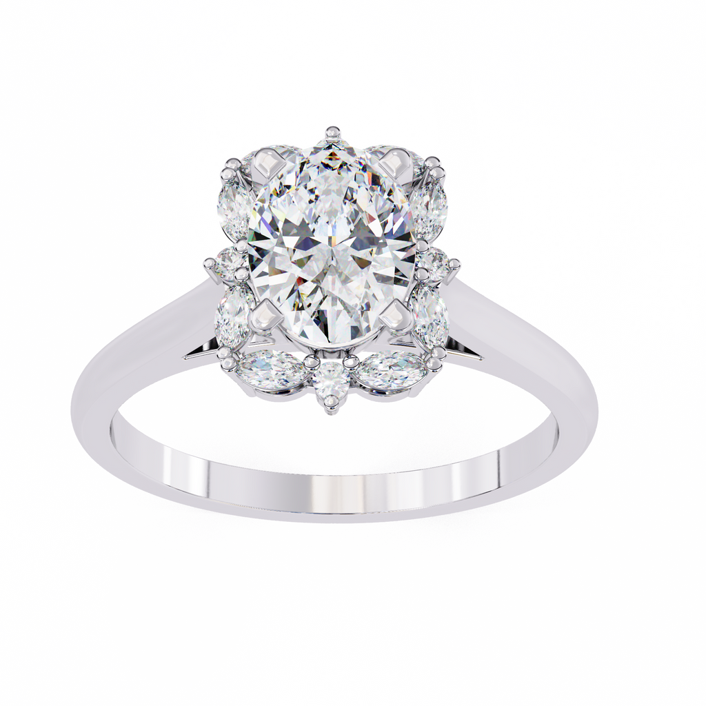 White Gold Oval Cut Diamond Floral Halo Ring
