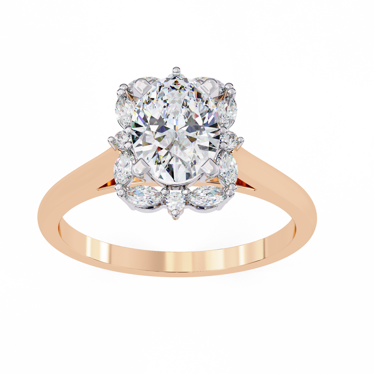 Rose Gold Oval Cut Diamond Ring with Marquise Floral Halo