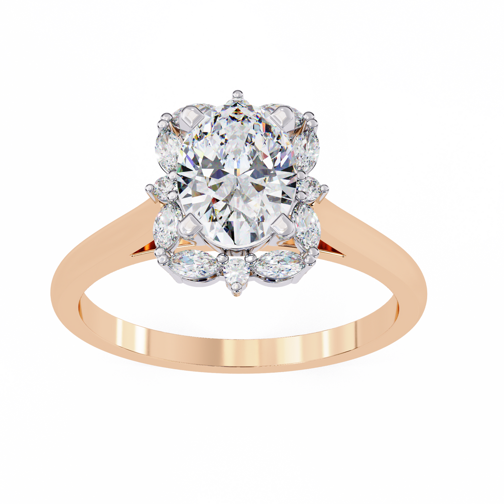 Rose Gold Oval Cut Diamond Ring with Marquise Floral Halo