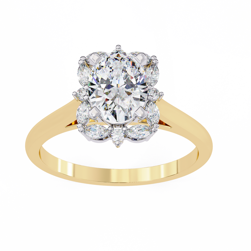 Yellow Gold Oval Cut Diamond Floral Halo Ring