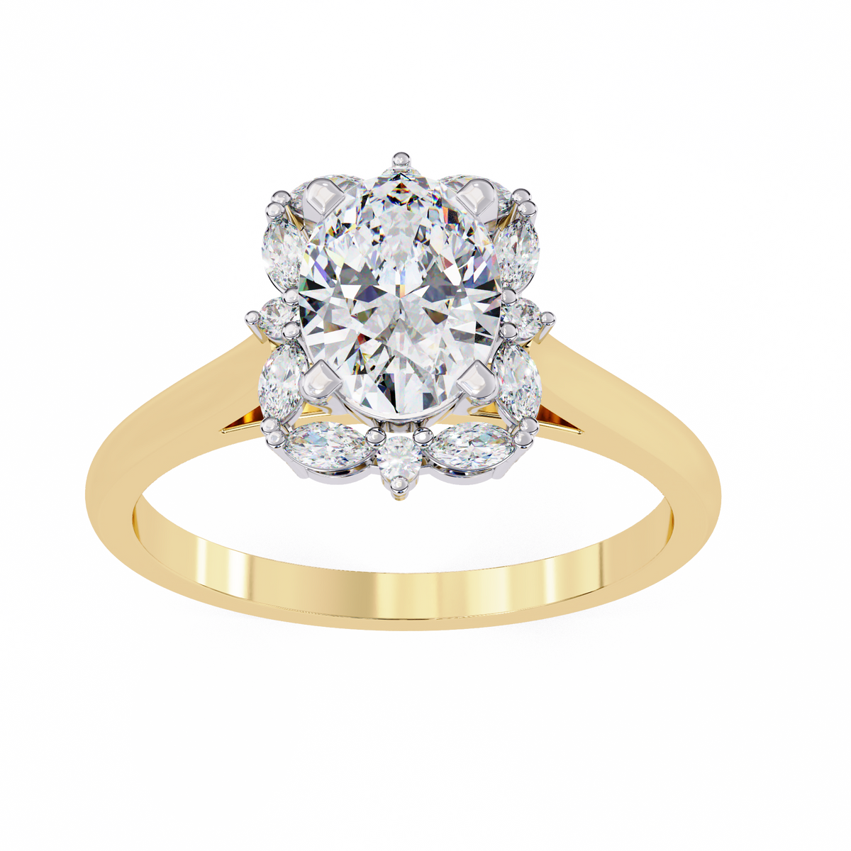 Yellow Gold Oval Cut Diamond Floral Halo Ring