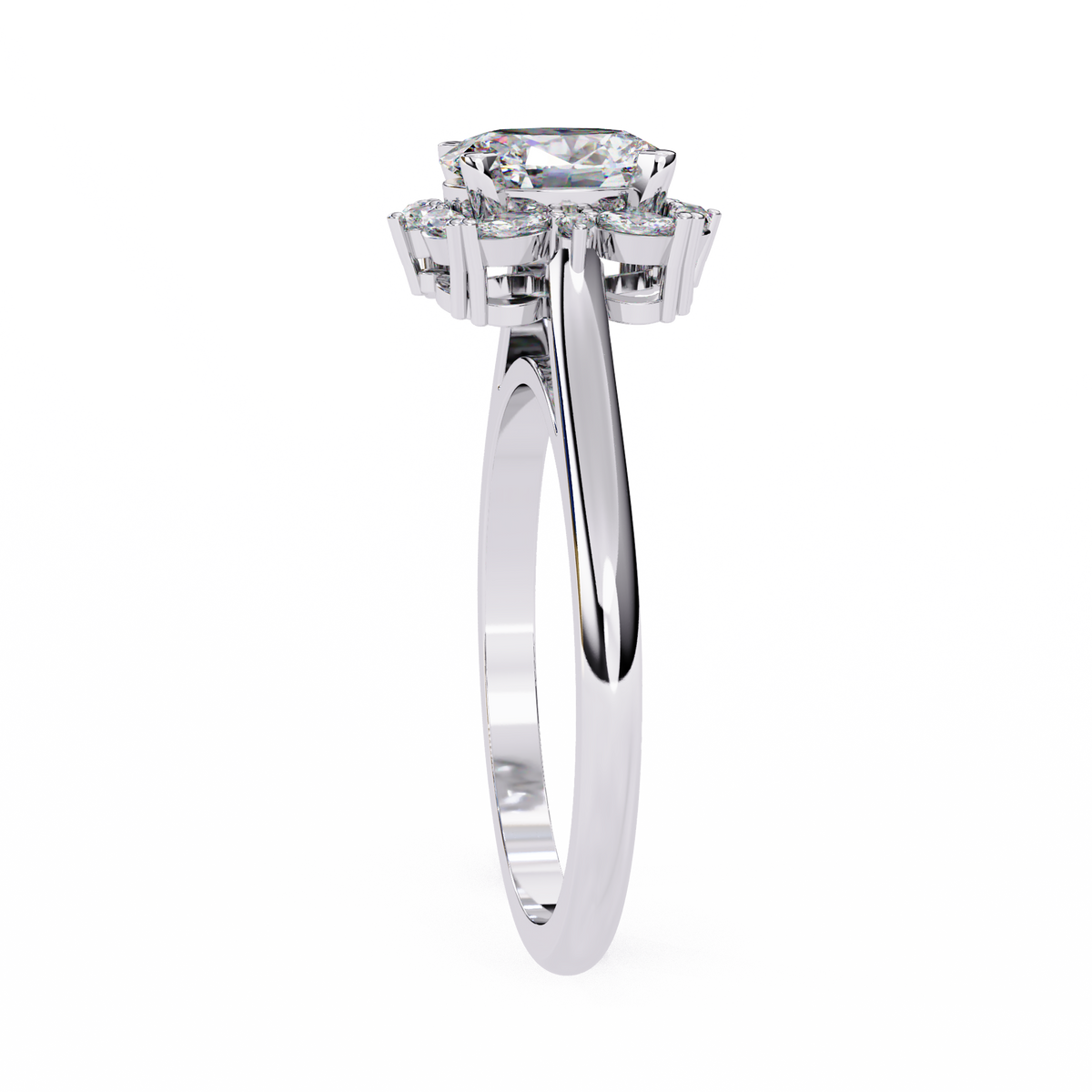 White Gold Oval Cut Diamond Floral Halo Ring