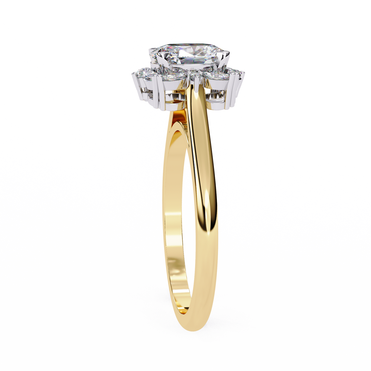 Yellow Gold Oval Cut Diamond Floral Halo Ring