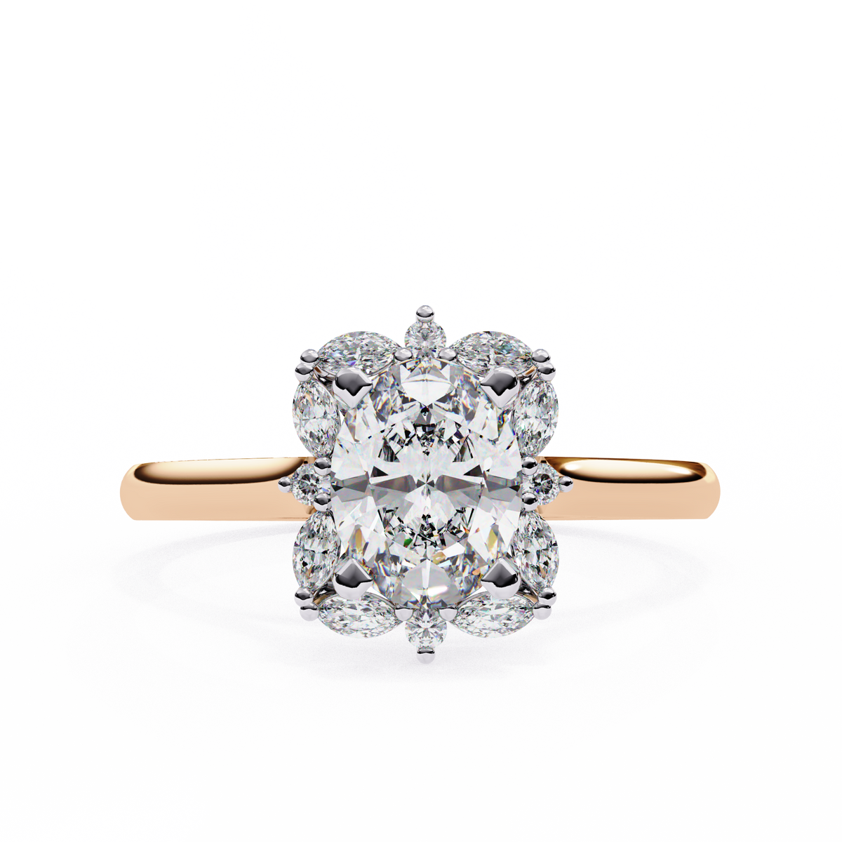 Rose Gold Oval Cut Diamond Ring with Marquise Floral Halo