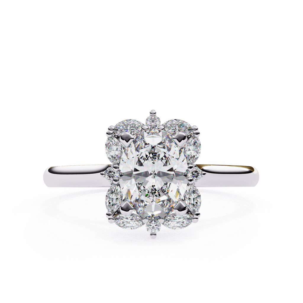 White Gold Oval Cut Diamond Floral Halo Ring