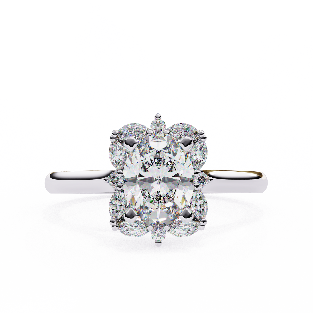 White Gold Oval Cut Diamond Floral Halo Ring