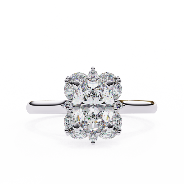 White Gold Oval Cut Diamond Floral Halo Ring