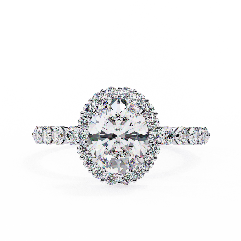 White Gold Oval Cut Diamond Halo Ring with Single-Row Shared-Prong Shoulders