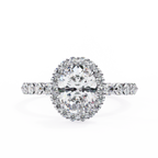 White Gold Oval Cut Diamond Halo Ring with Single-Row Shared-Prong Shoulders