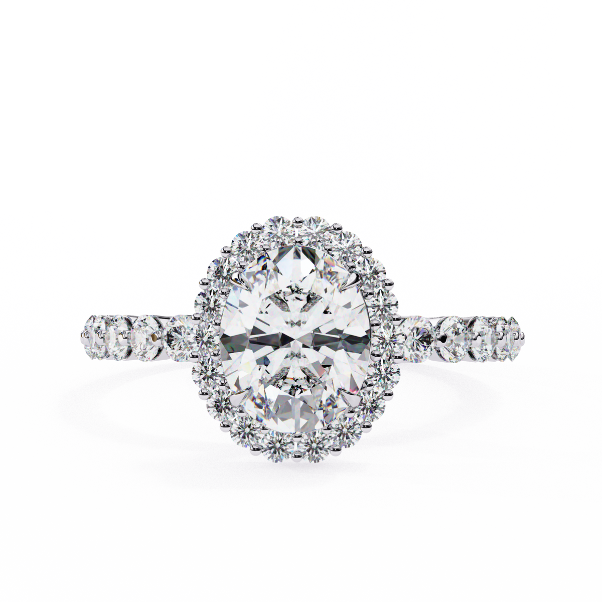White Gold Oval Cut Diamond Halo Ring with Single-Row Shared-Prong Shoulders
