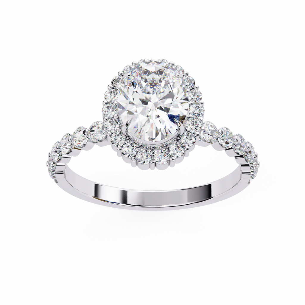 White Gold Oval Cut Diamond Halo Ring with Single-Row Shared-Prong Shoulders