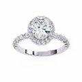 White Gold Oval Cut Diamond Halo Ring with Single-Row Shared-Prong Shoulders