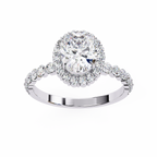 White Gold Oval Cut Diamond Halo Ring with Single-Row Shared-Prong Shoulders