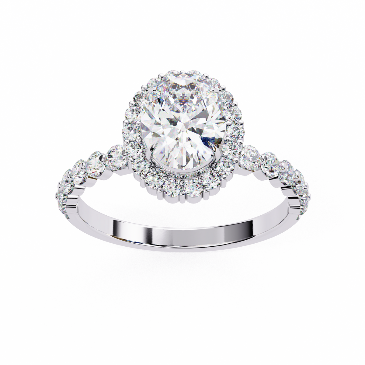 White Gold Oval Cut Diamond Halo Ring with Single-Row Shared-Prong Shoulders
