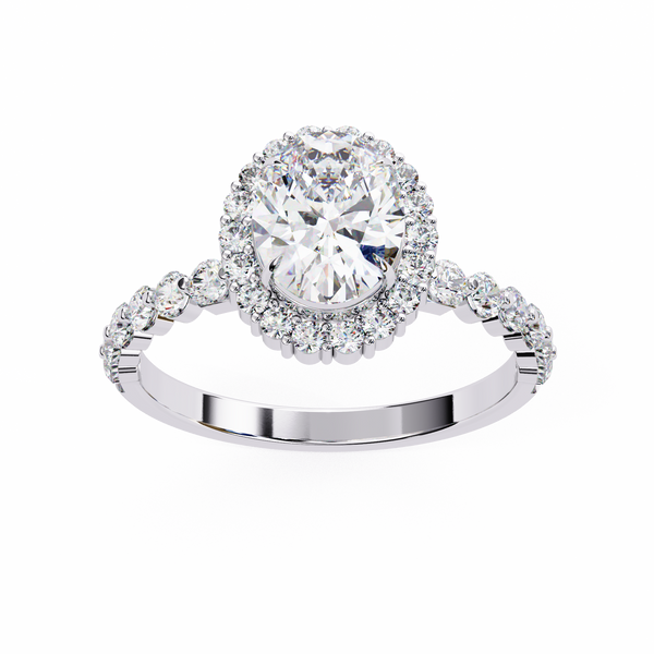 White Gold Oval Cut Diamond Halo Ring with Single-Row Shared-Prong Shoulders