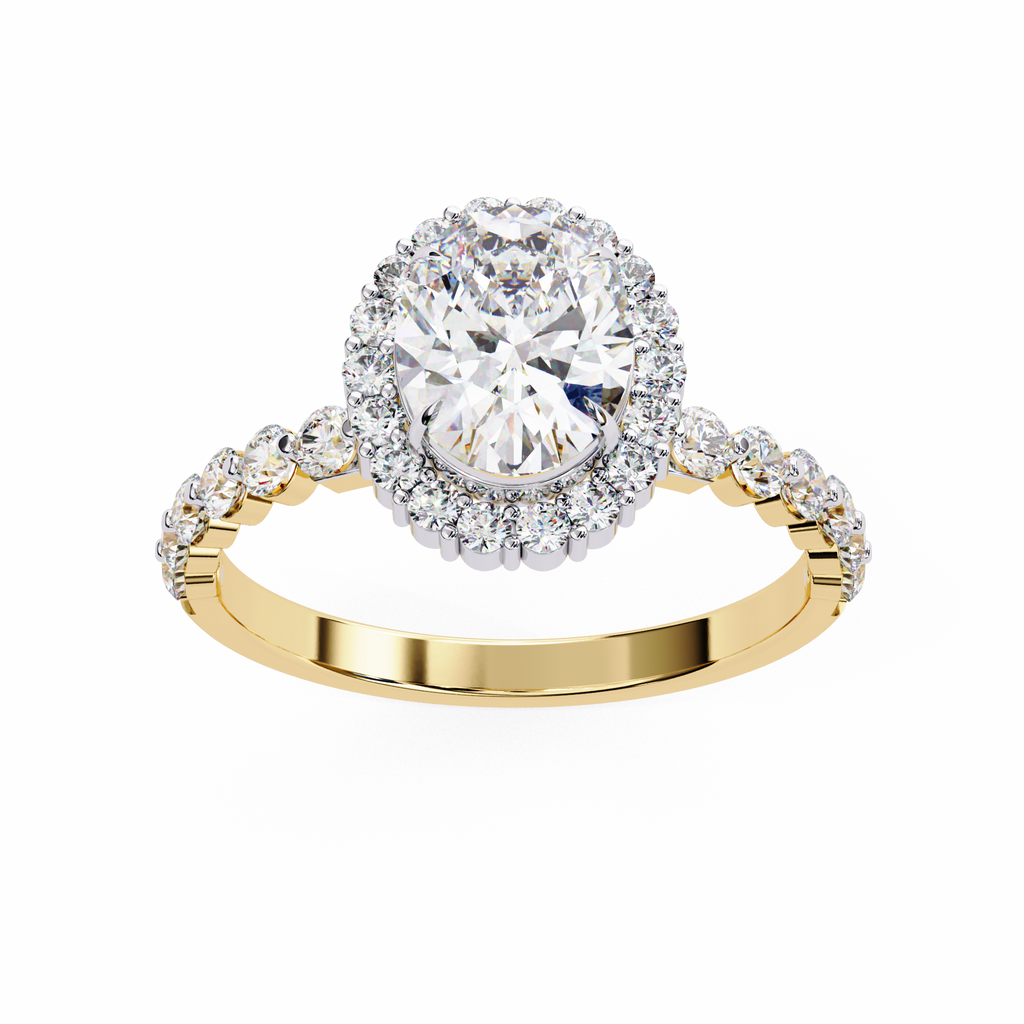 Yellow Gold Oval Cut Diamond Halo Ring with Shared-Prong Accent Band