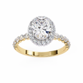 Yellow Gold Oval Cut Diamond Halo Ring with Shared-Prong Accent Band