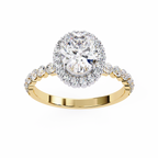 Yellow Gold Oval Cut Diamond Halo Ring with Shared-Prong Accent Band