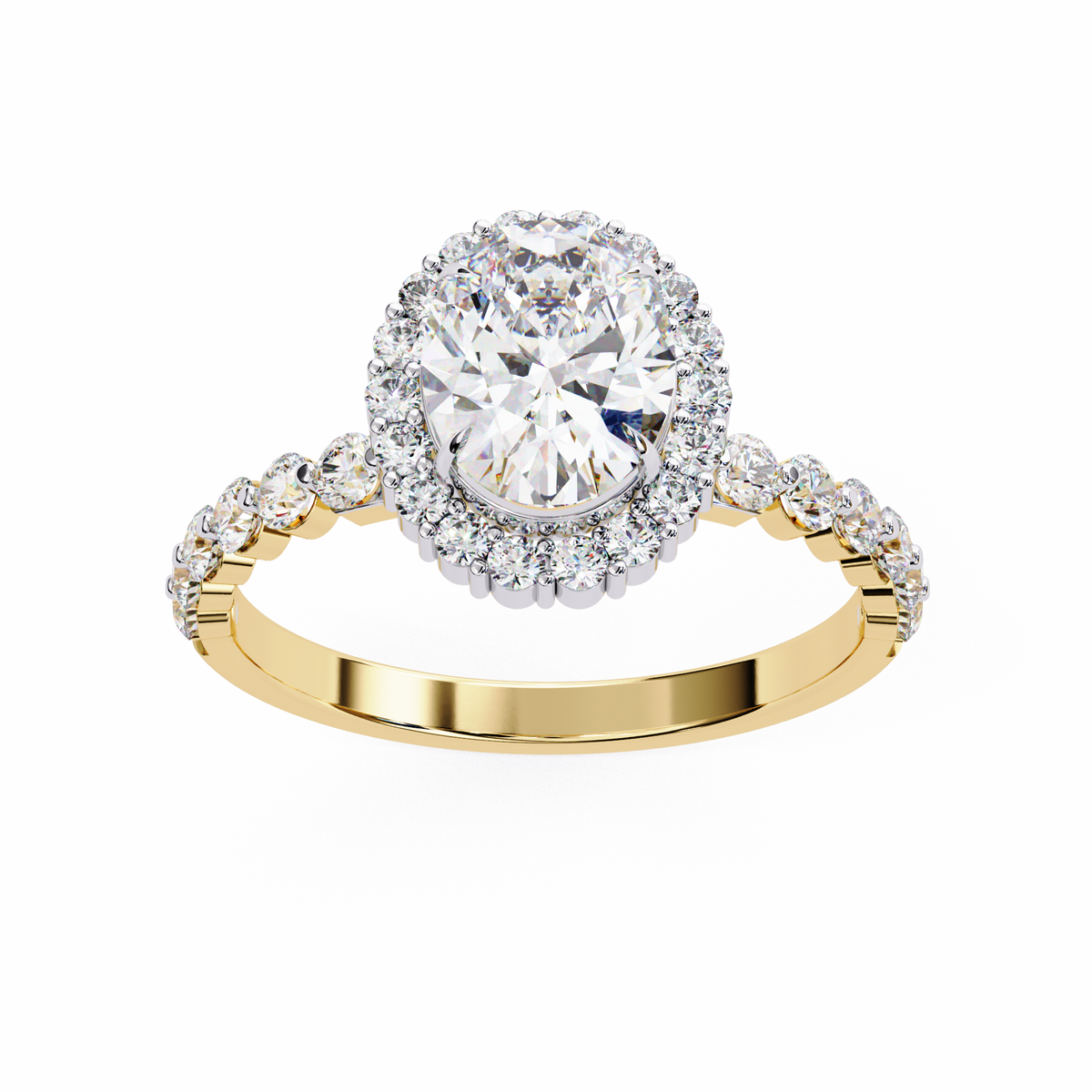 Yellow Gold Oval Cut Diamond Halo Ring with Shared-Prong Accent Band