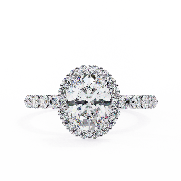 White Gold Oval Cut Diamond Halo Ring with Single-Row Shared-Prong Shoulders