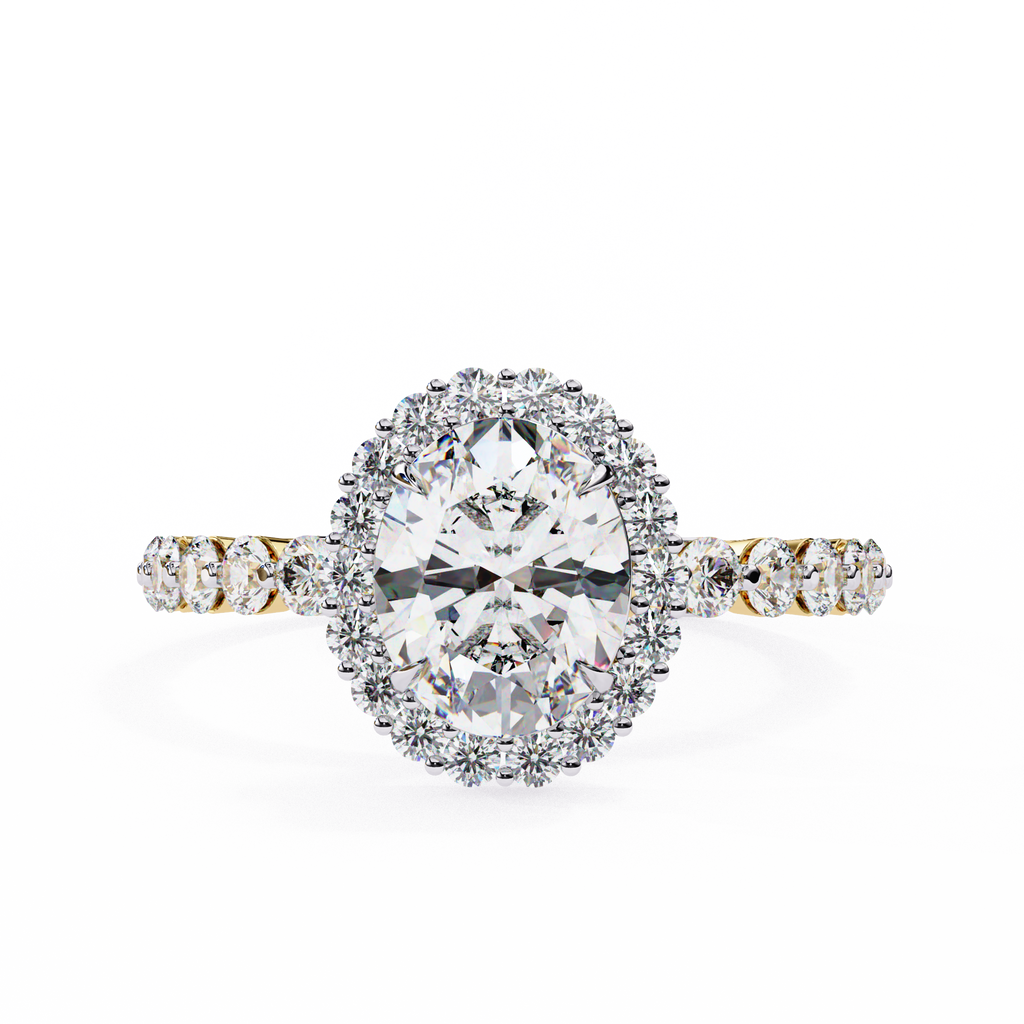 Yellow Gold Oval Cut Diamond Halo Ring with Shared-Prong Accent Band