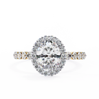 Yellow Gold Oval Cut Diamond Halo Ring with Shared-Prong Accent Band