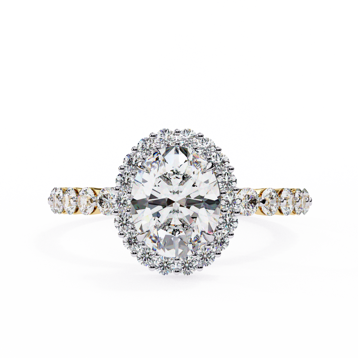 Yellow Gold Oval Cut Diamond Halo Ring with Shared-Prong Accent Band