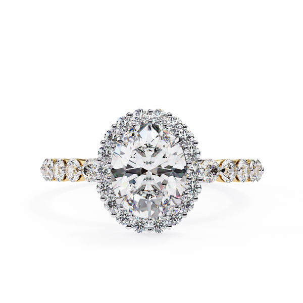 Yellow Gold Oval Cut Diamond Halo Ring with Shared-Prong Accent Band