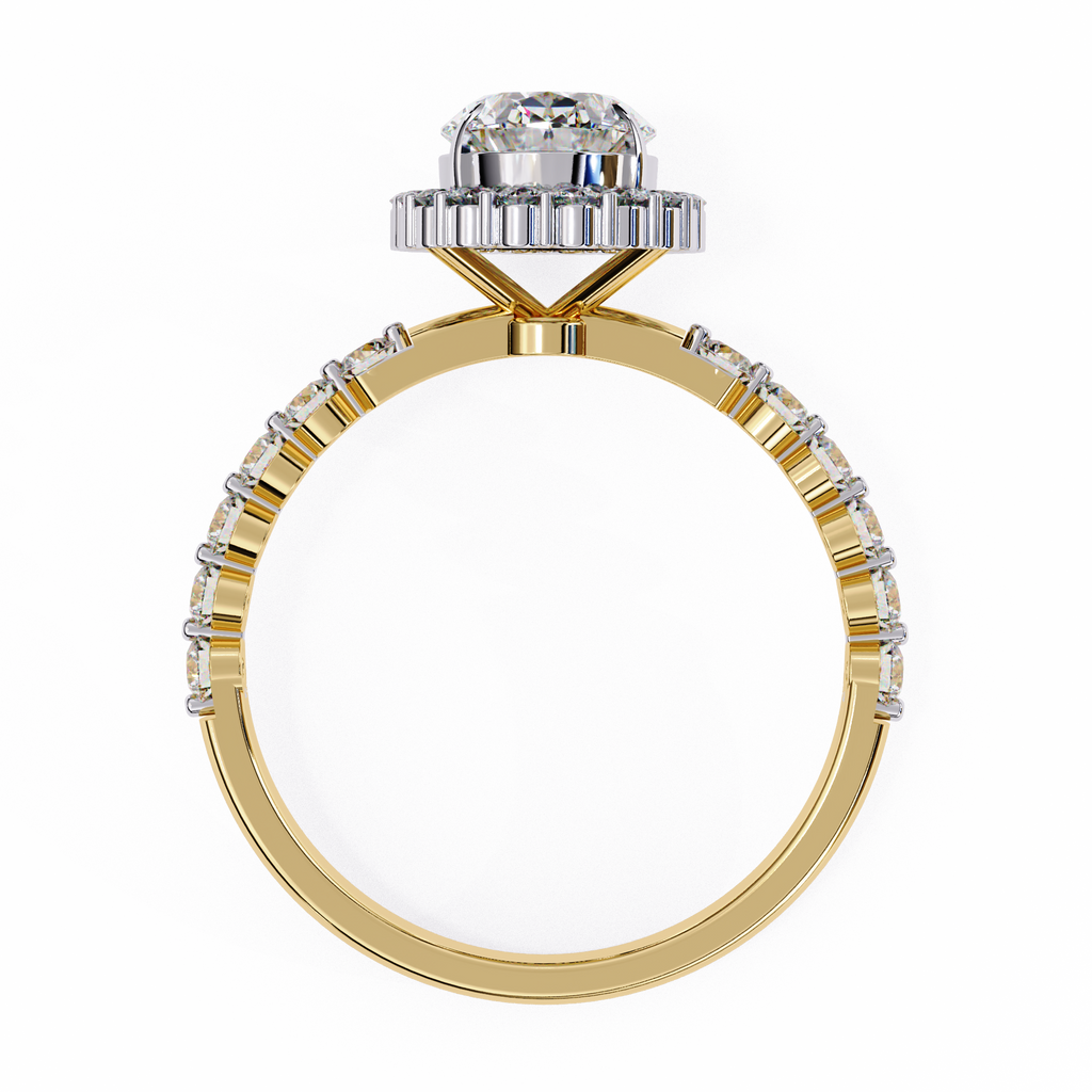 Yellow Gold Oval Cut Diamond Halo Ring with Shared-Prong Accent Band