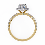 Yellow Gold Oval Cut Diamond Halo Ring with Shared-Prong Accent Band