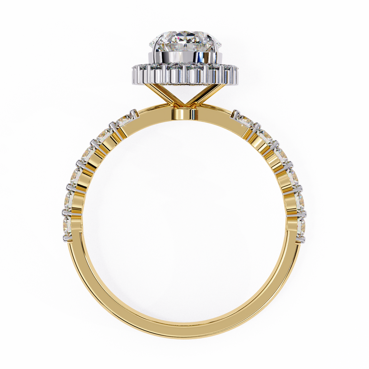 Yellow Gold Oval Cut Diamond Halo Ring with Shared-Prong Accent Band