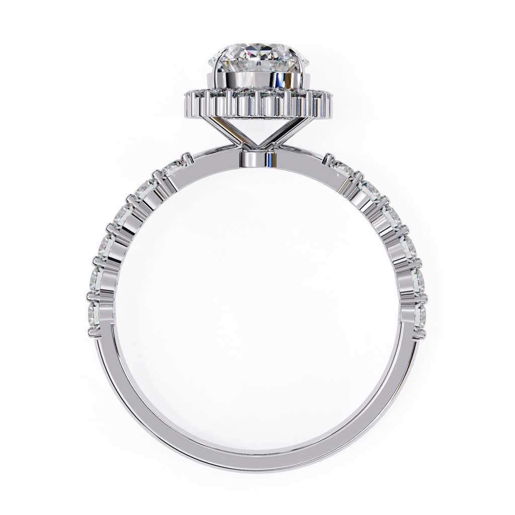 White Gold Oval Cut Diamond Halo Ring with Single-Row Shared-Prong Shoulders
