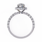 White Gold Oval Cut Diamond Halo Ring with Single-Row Shared-Prong Shoulders