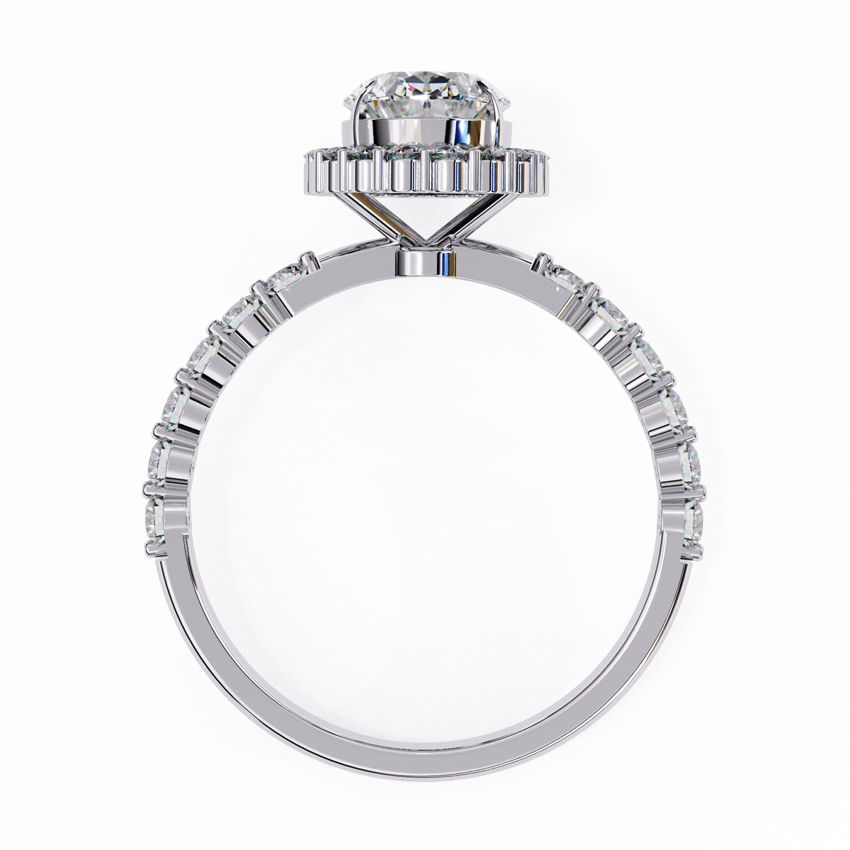 White Gold Oval Cut Diamond Halo Ring with Single-Row Shared-Prong Shoulders