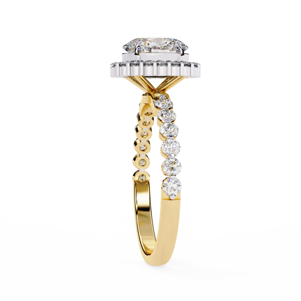 Yellow Gold Oval Cut Diamond Halo Ring with Shared-Prong Accent Band
