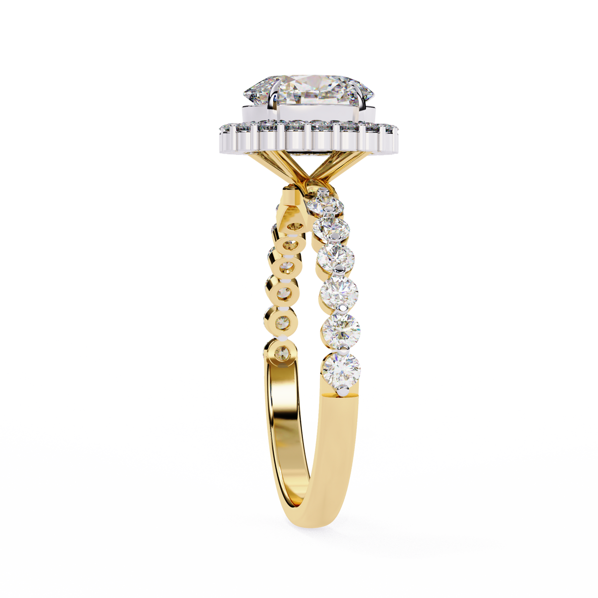 Yellow Gold Oval Cut Diamond Halo Ring with Shared-Prong Accent Band