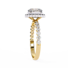 Yellow Gold Oval Cut Diamond Halo Ring with Shared-Prong Accent Band