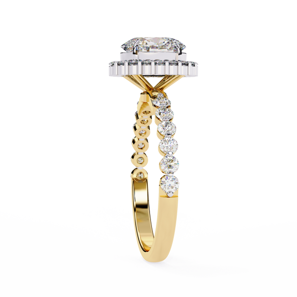 Yellow Gold Oval Cut Diamond Halo Ring with Shared-Prong Accent Band
