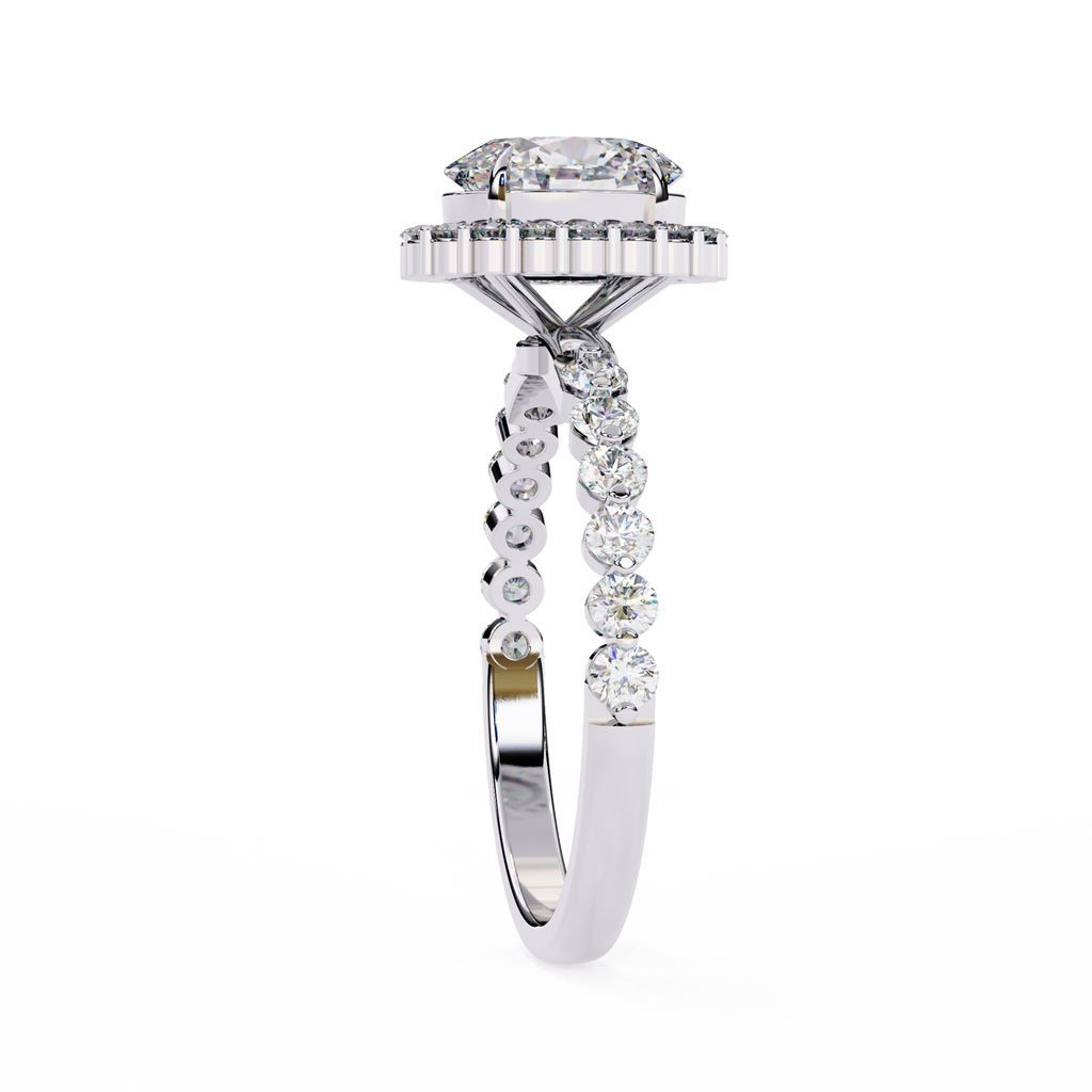 White Gold Oval Cut Diamond Halo Ring with Single-Row Shared-Prong Shoulders