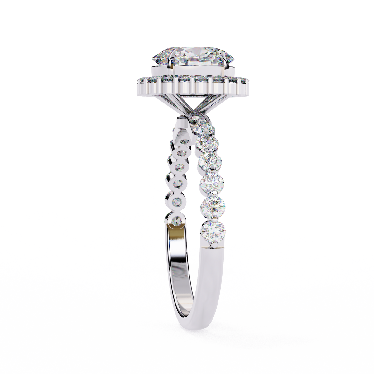 White Gold Oval Cut Diamond Halo Ring with Single-Row Shared-Prong Shoulders