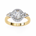 Yellow Gold Oval Cut Diamond Halo Ring with Pear and Round Side Clusters