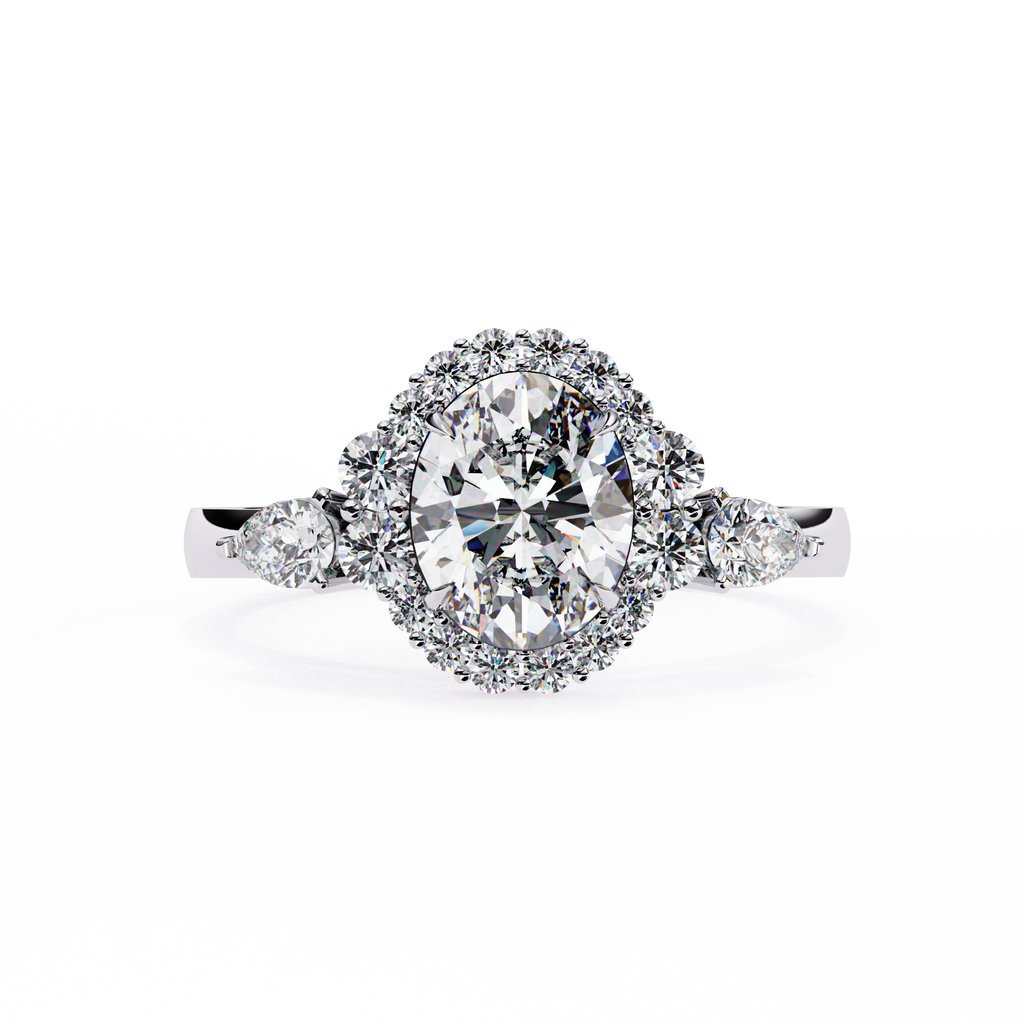 White Gold Oval Cut Diamond Halo Ring with Pear and Round Side Clusters