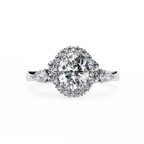 White Gold Oval Cut Diamond Halo Ring with Pear and Round Side Clusters