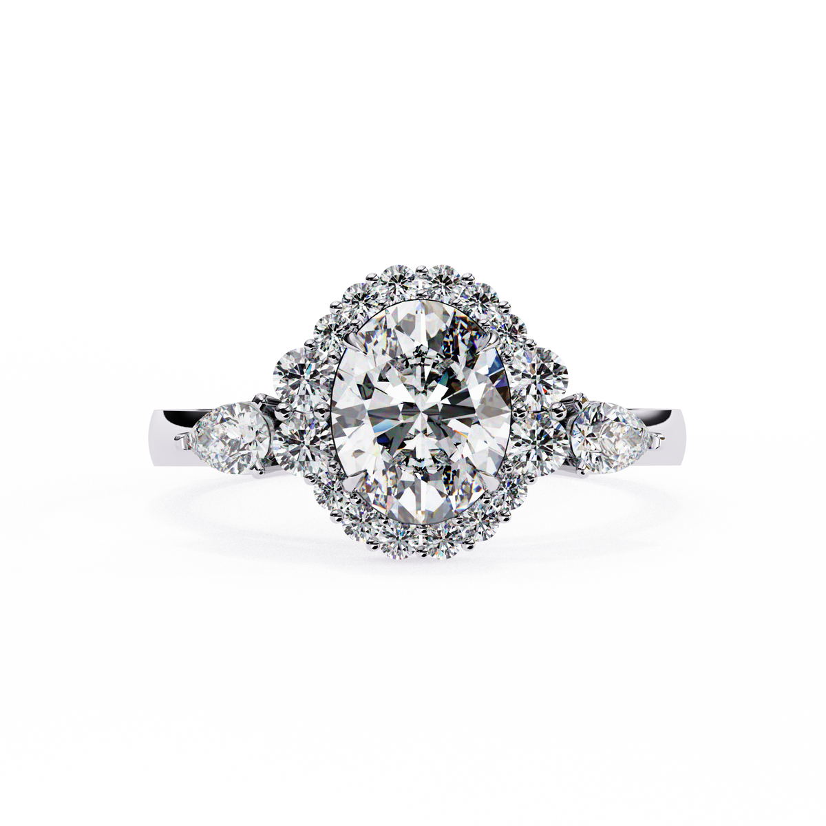 White Gold Oval Cut Diamond Halo Ring with Pear and Round Side Clusters