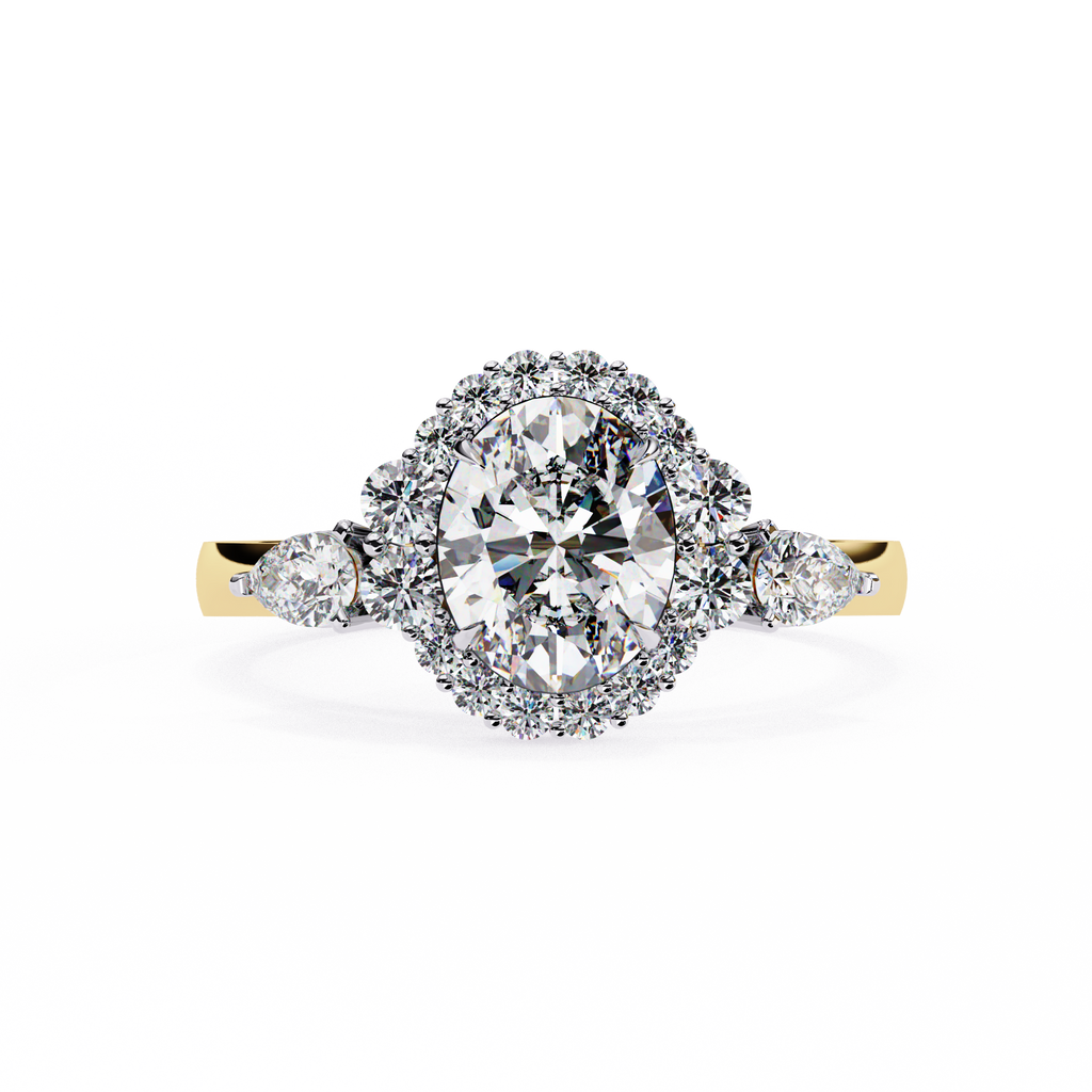Rose Gold Oval Cut Diamond Halo Ring with Pear Side Stones