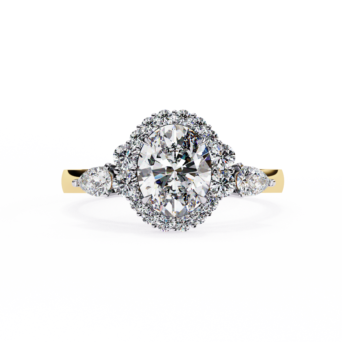 Rose Gold Oval Cut Diamond Halo Ring with Pear Side Stones