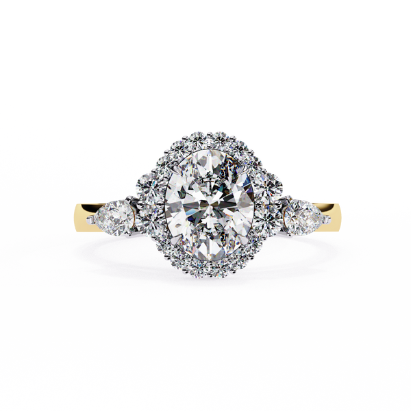 Yellow Gold Oval Cut Diamond Halo Ring with Pear and Round Side Clusters