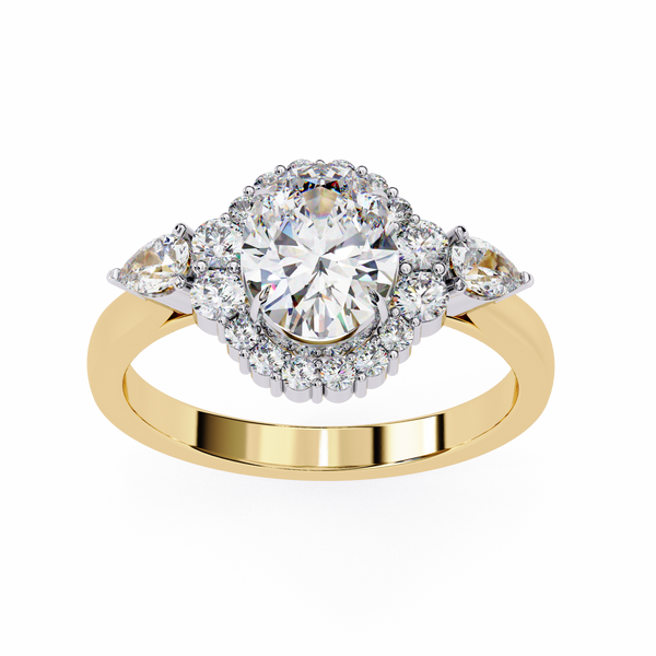 Yellow Gold Oval Cut Diamond Halo Ring with Pear and Round Side Clusters
